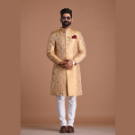 Fawn and Golden Banarasi Brocade Silk Heavy Embroidery Sherwani | Jaipurio